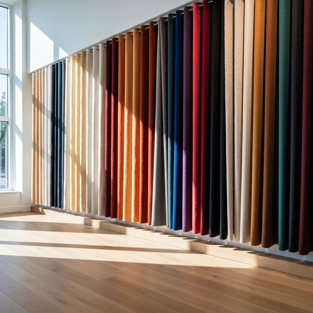 Fabric sample wall display at Pilgrim Furniture Studio